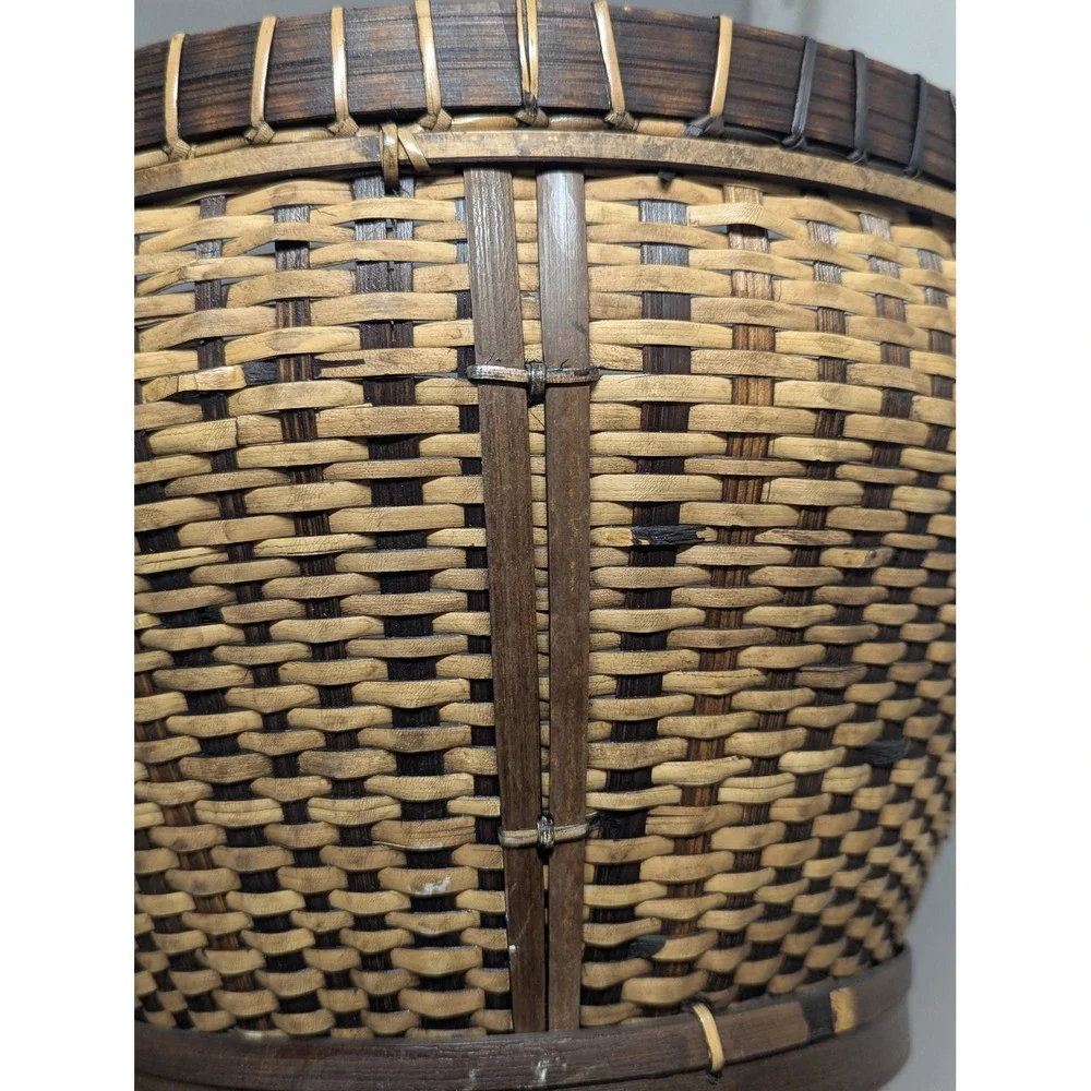 VTG Handcrafted Woven Bamboo Basket Two Tone Round Storage w/ Wood Bead Handles